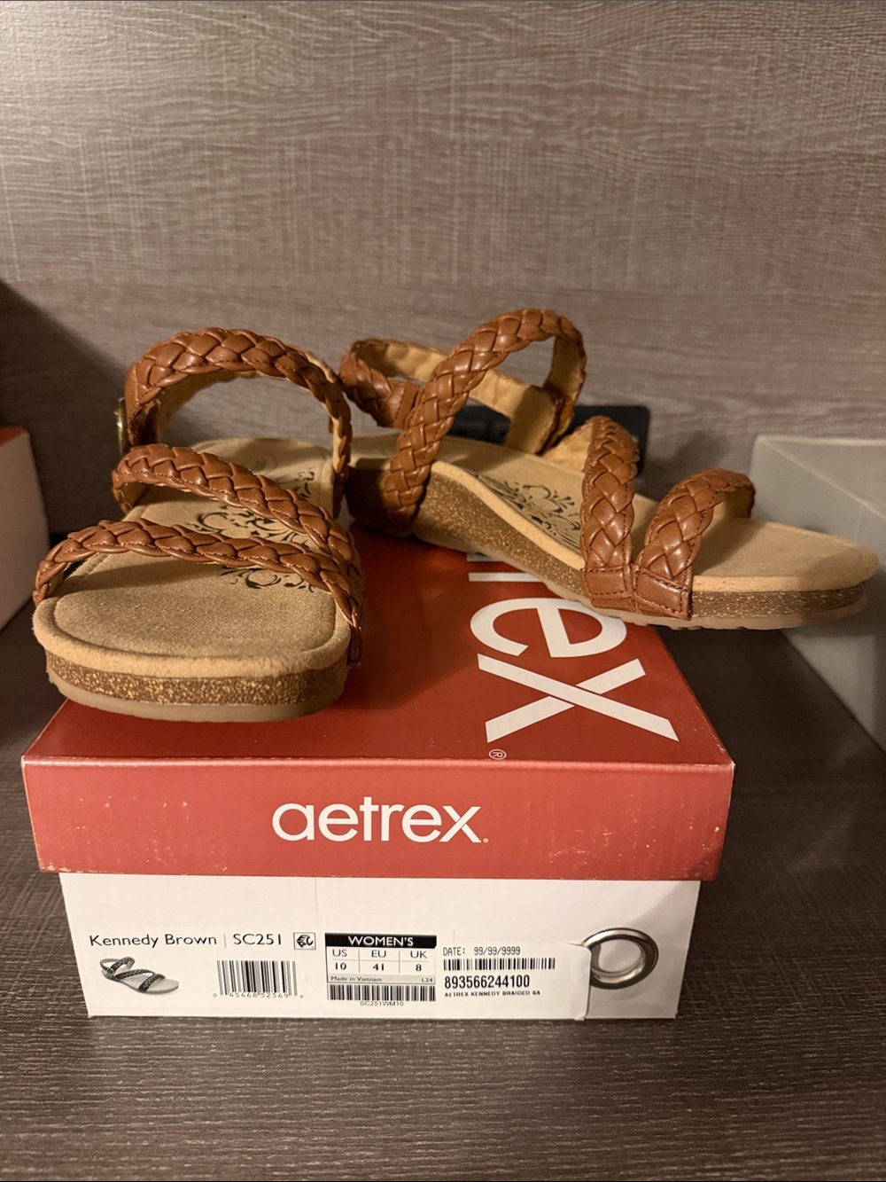 Aetrex Kennedy Braided Brown Leather Slide Sandals for Women